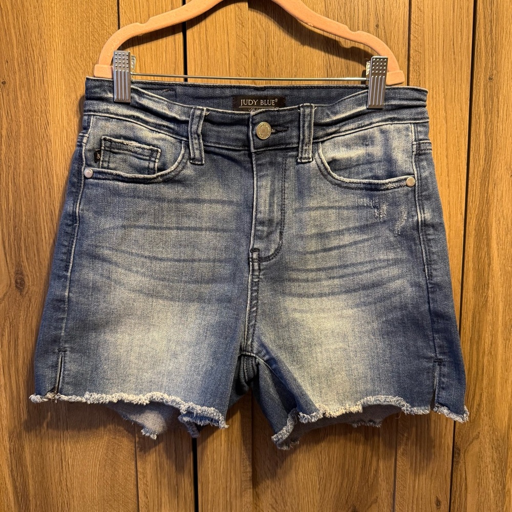 Judy Blue Shorts Blue Denim High Rise Raw Hem Side Slit JB15228DK Size Small